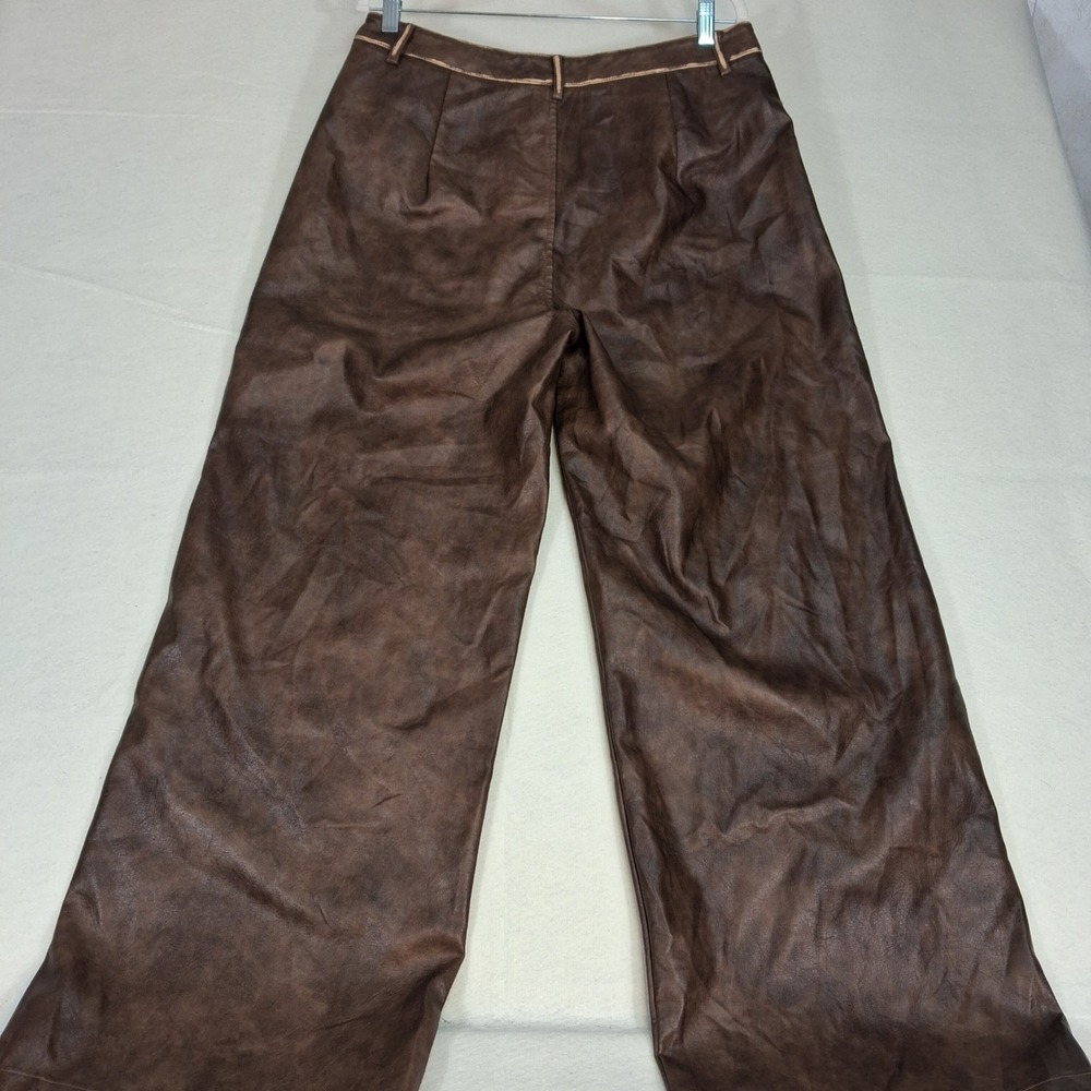 Anewsta Faux Leather Pants‎ Womens XL Brown Distressed Wide Leg High Rise NWT